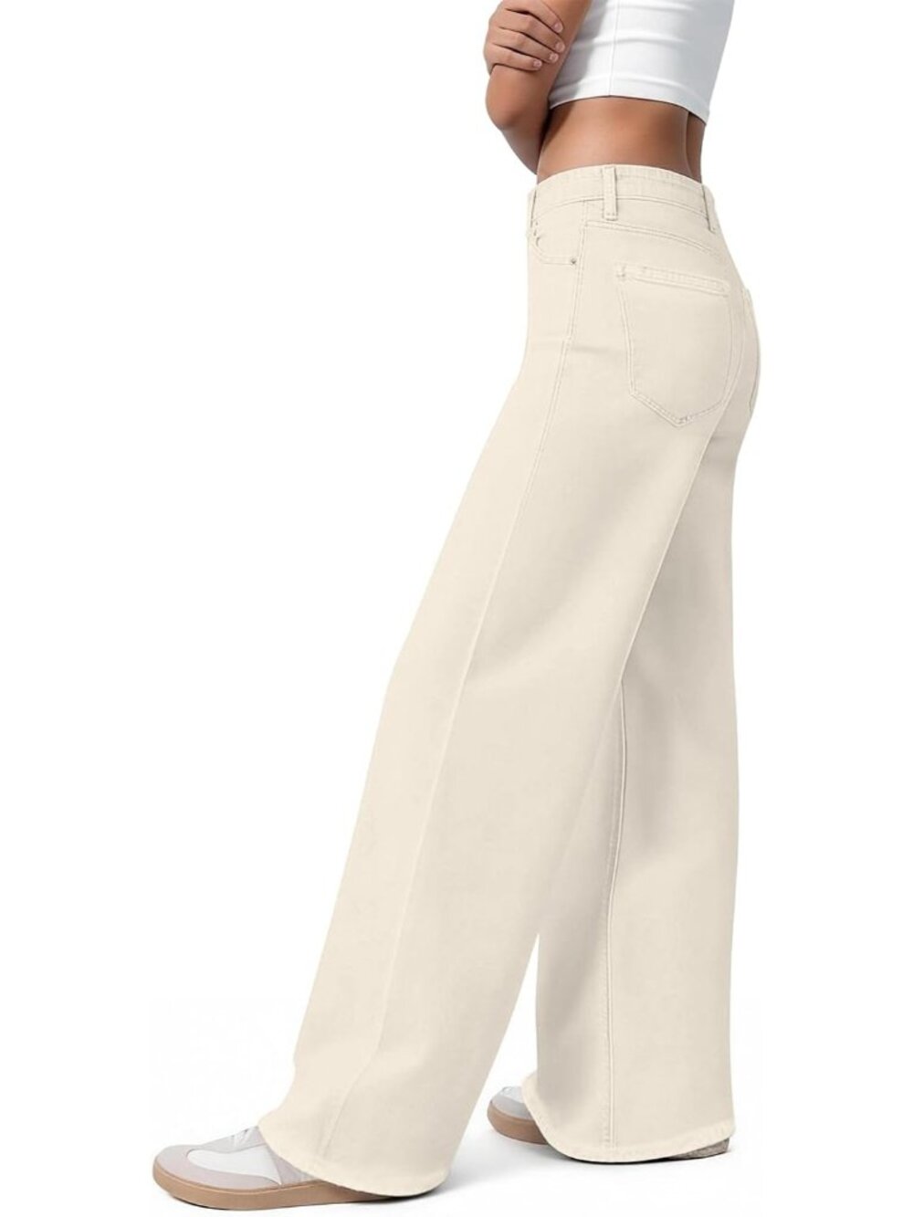 Women's Beige High Waisted Baggy Loose Straight Denim Pants Wide Leg Jeans - Picture 2 of 5